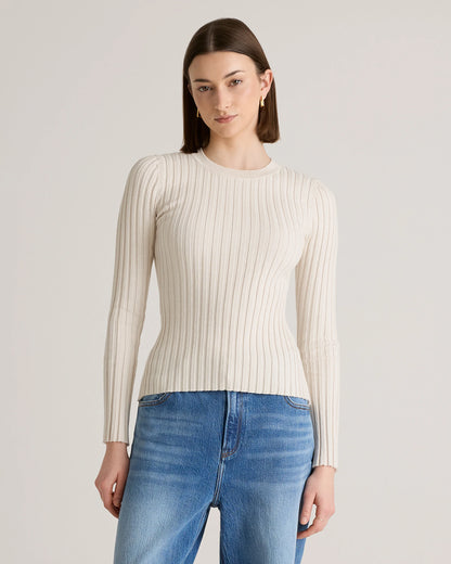 Cotton Cashmere Ribbed Long Sleeve Sweater - XS / Sugar Stone