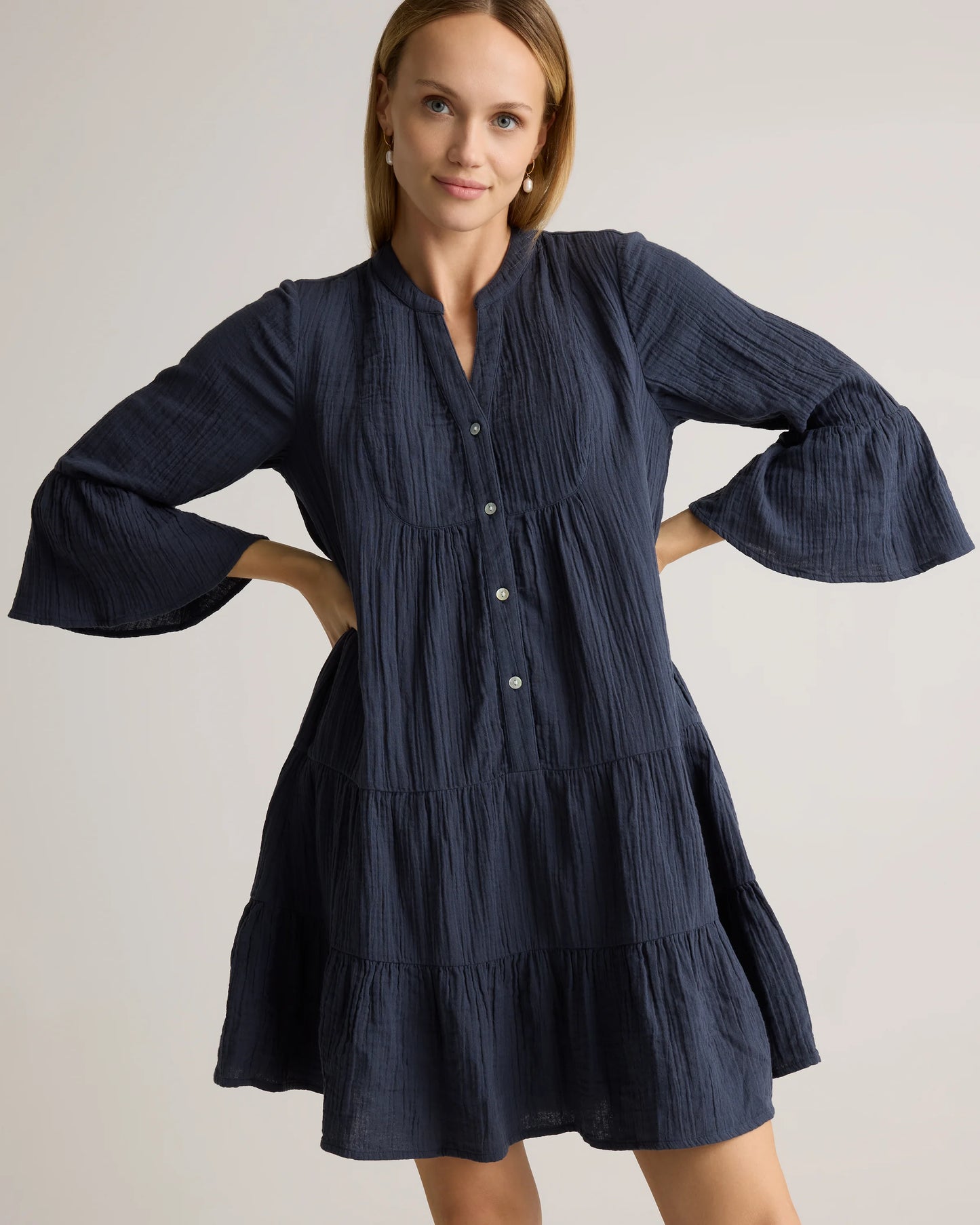 100% Organic Cotton Gauze Long Sleeve Tiered Mini Dress - XS / Amaranth Pink