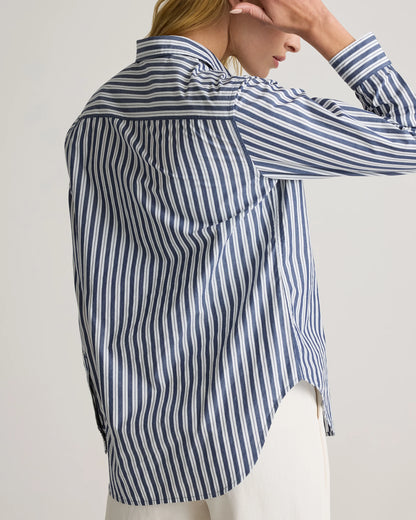 100% Organic Cotton Poplin Long Sleeve Shirt - XS / Delta Blue Double Stripe
