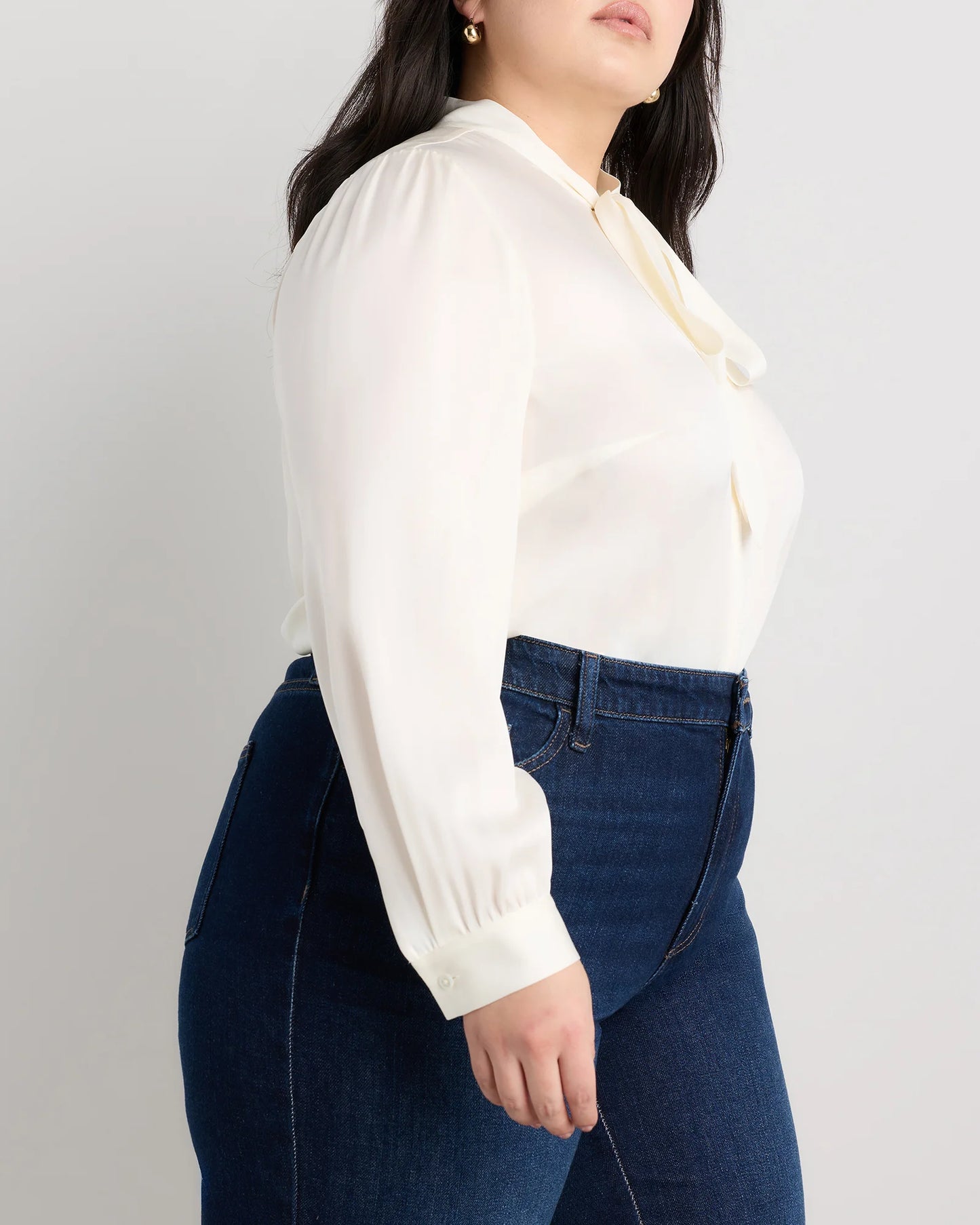 Washable Stretch Silk Tie Neck Blouse - 1X / Ivory