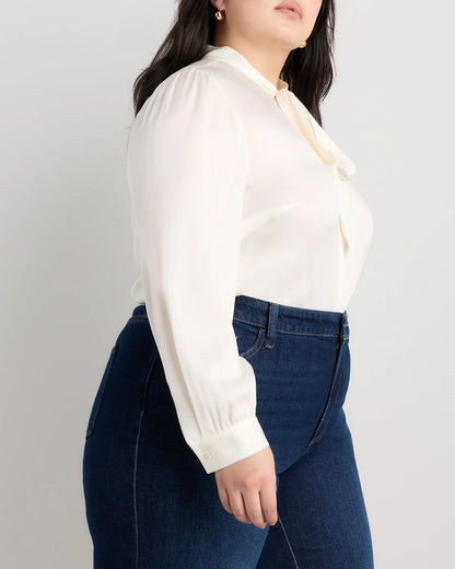 Washable Stretch Silk Tie Neck Blouse - 1X / Ivory