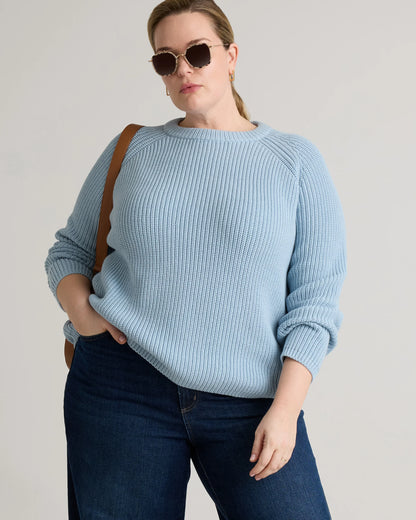 100% Organic Cotton Fisherman Crew Sweater - 1X / Blue Sapphire