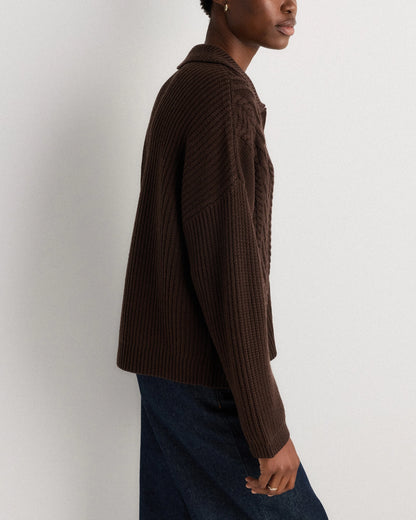 Australian Merino Wool Collared Cable Cardigan - XS / Coffee Bean Brown