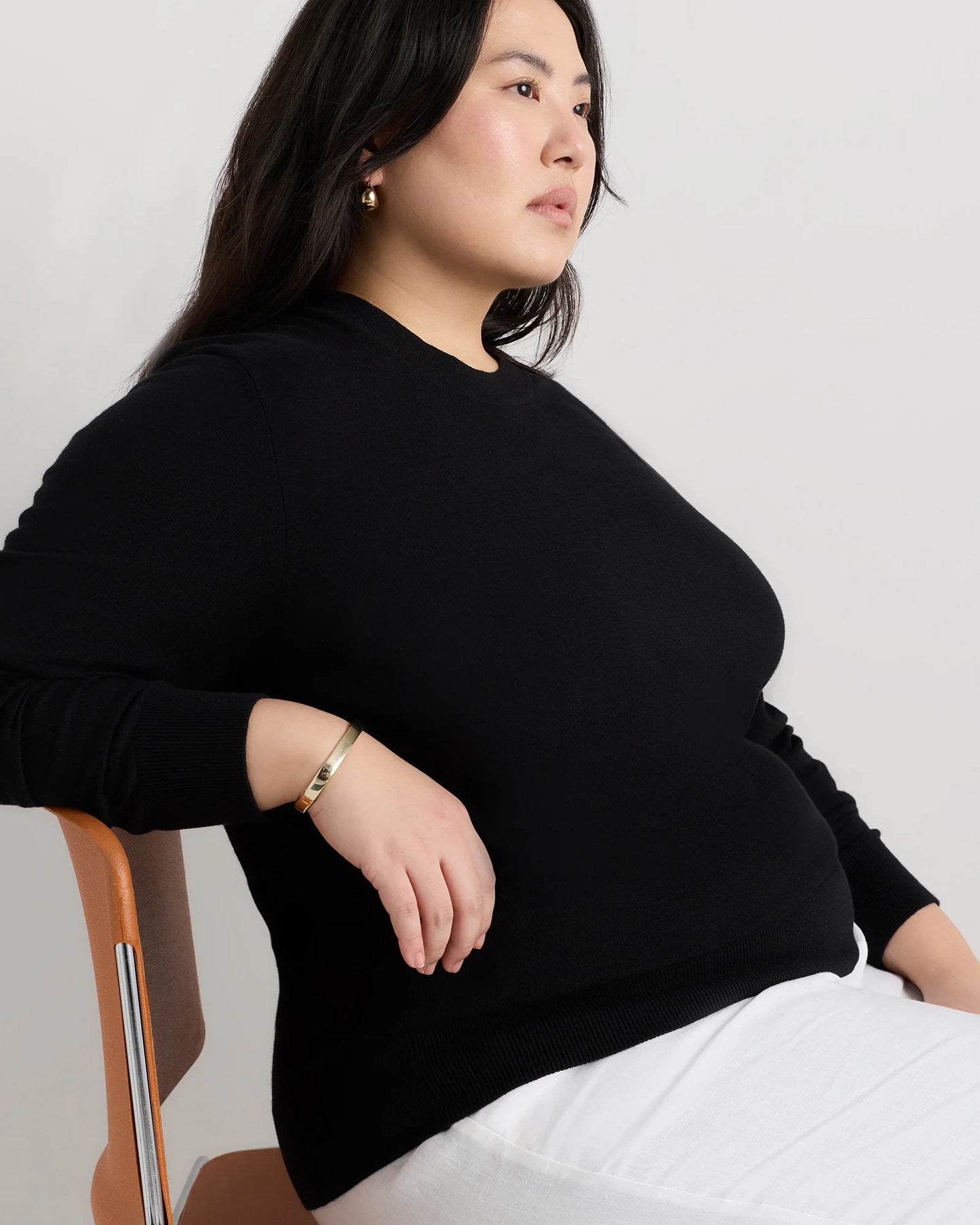 Lightweight Cotton Cashmere Crew Sweater - 1X / Black