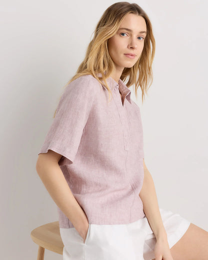 100% European Linen Short Sleeve Popover Top - XS / Blue Pinstripe