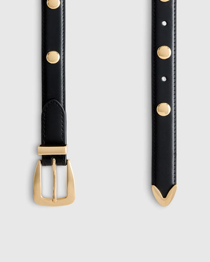 Alyssa European Leather Studded Skinny Belt - XS / Black/Silver