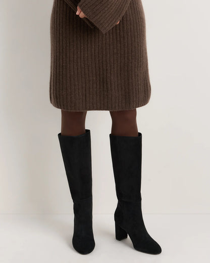 Italian Suede Block Heel Boots - 5 / Espresso Brown