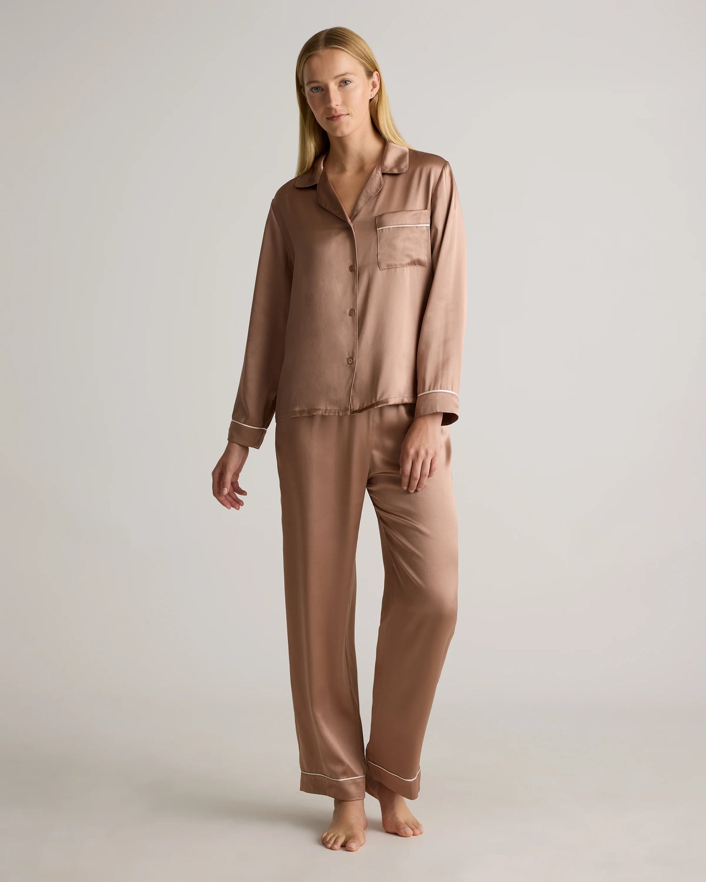100% Washable Silk Satin Pajama Long Sleeve Top - XS / Toasted Almond
