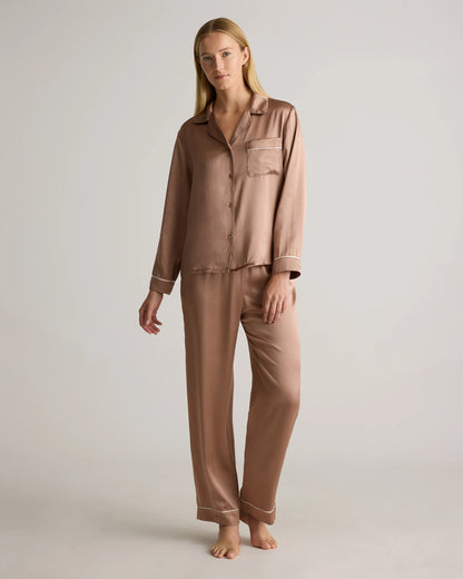 100% Washable Silk Satin Pajama Long Sleeve Top - XS / Toasted Almond