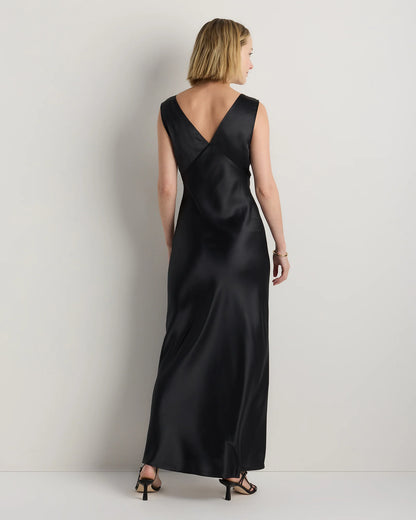 100% Washable Silk V-Neck Maxi Dress - XS / Black