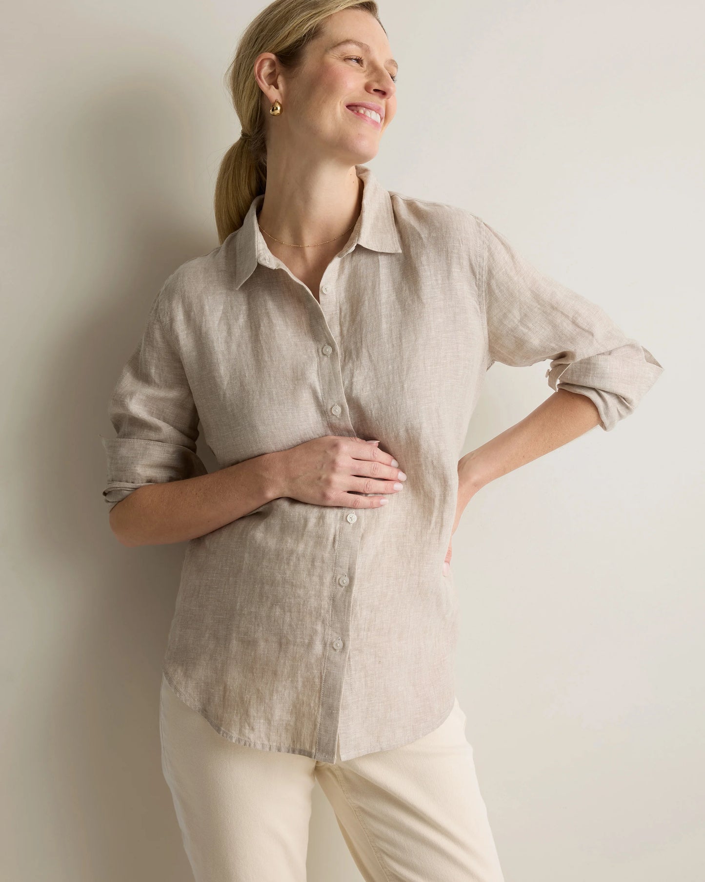 100% European Linen Maternity Long Sleeve Shirt - XS / Blue Pinstripe