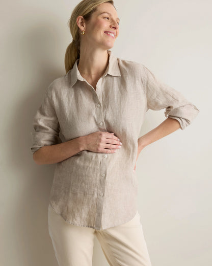 100% European Linen Maternity Long Sleeve Shirt - XS / Blue Pinstripe