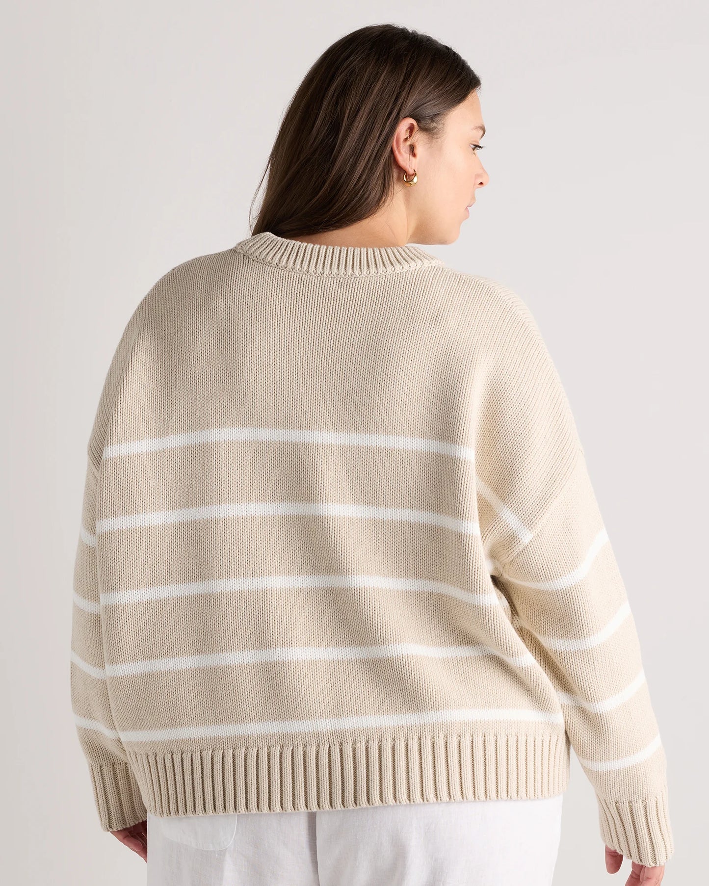 100% Organic Cotton Striped Crew Sweater - 1X / Speckled Beige/Ivory