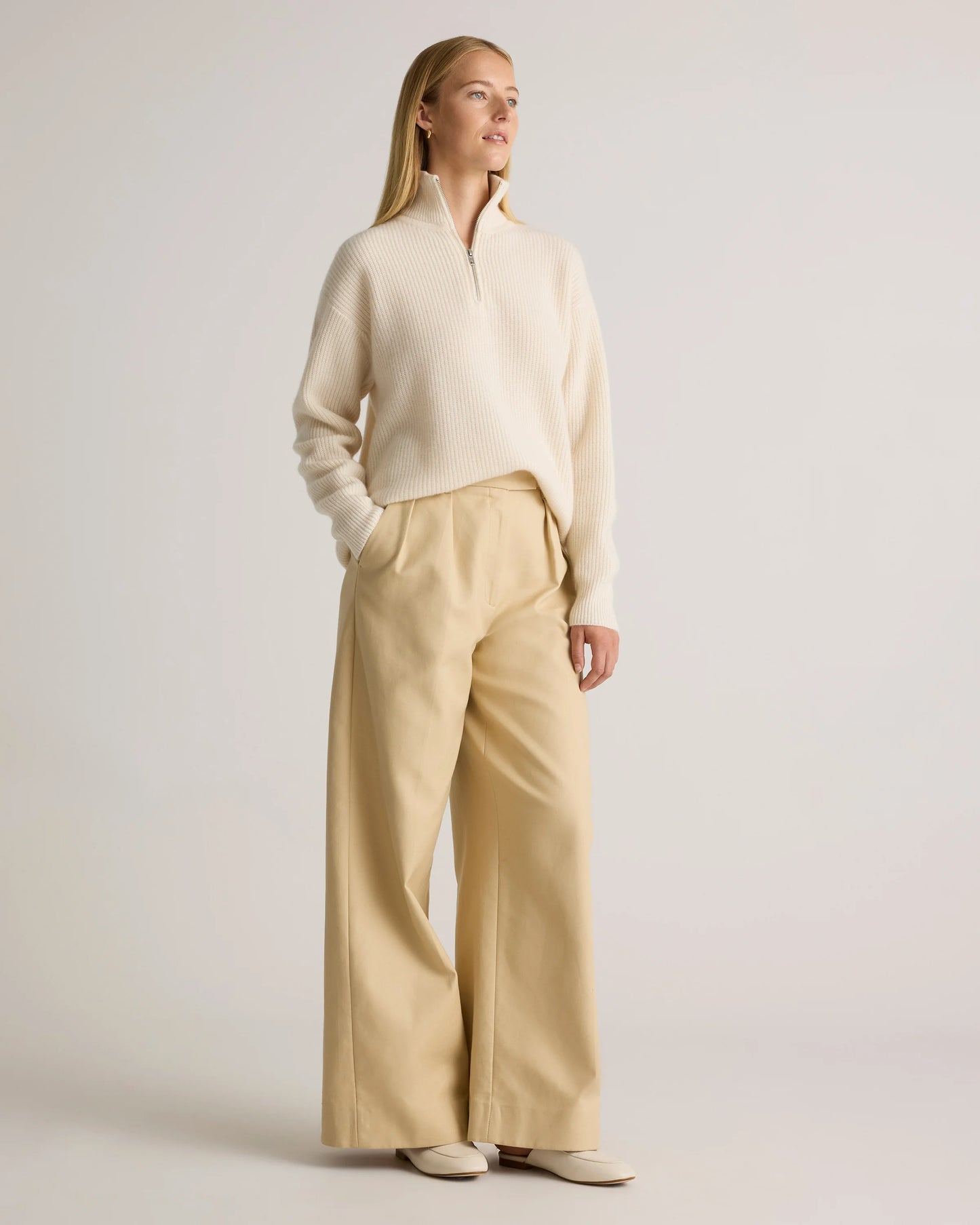 Mongolian Cashmere Fisherman Quarter Zip Sweater - XS / Ivory