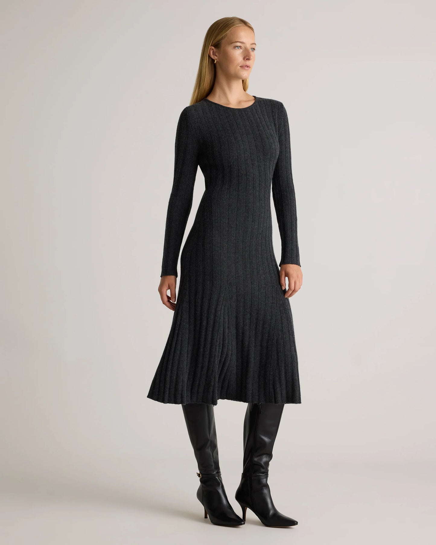 Mongolian Cashmere Wide-Rib Midi Dress - XS / Black