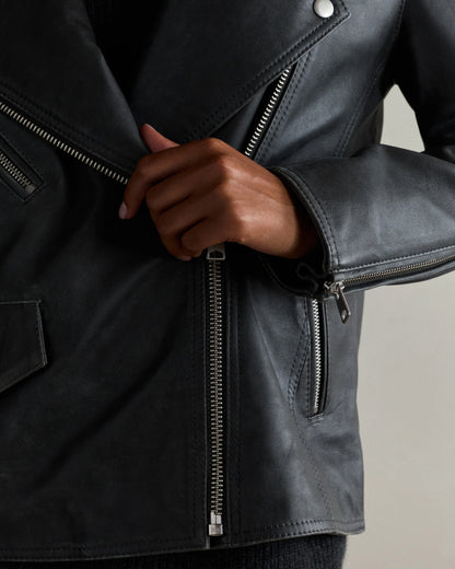 100% Leather Oversized Biker Jacket - XS / True Black