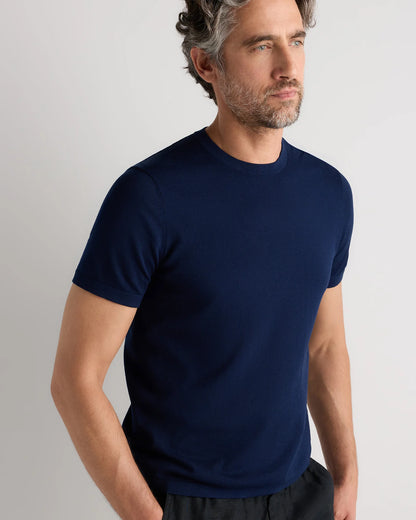 Cotton-Silk Short Sleeve Crewneck Sweater - S / Navy