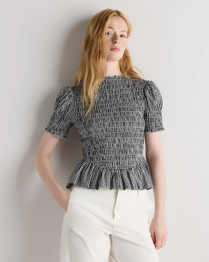Cotton Viscose Voile Smocked Peplum Top - XS / Classic Mini Gingham