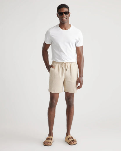 100% European Linen Drawstring Beach Shorts - 7" - XS / Taupe Brown Chambray