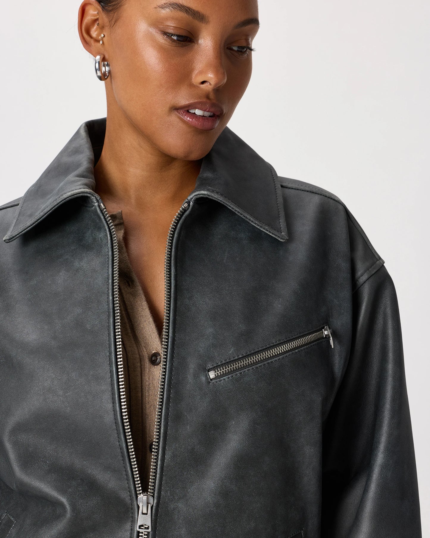 100% Leather Oversized Bomber Jacket - XS / Rich Brown
