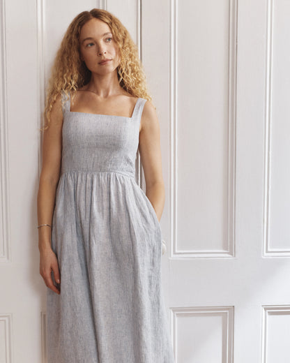 100% European Linen Fit & Flare Midi Dress - XS / Brick Red Heirloom Floral
