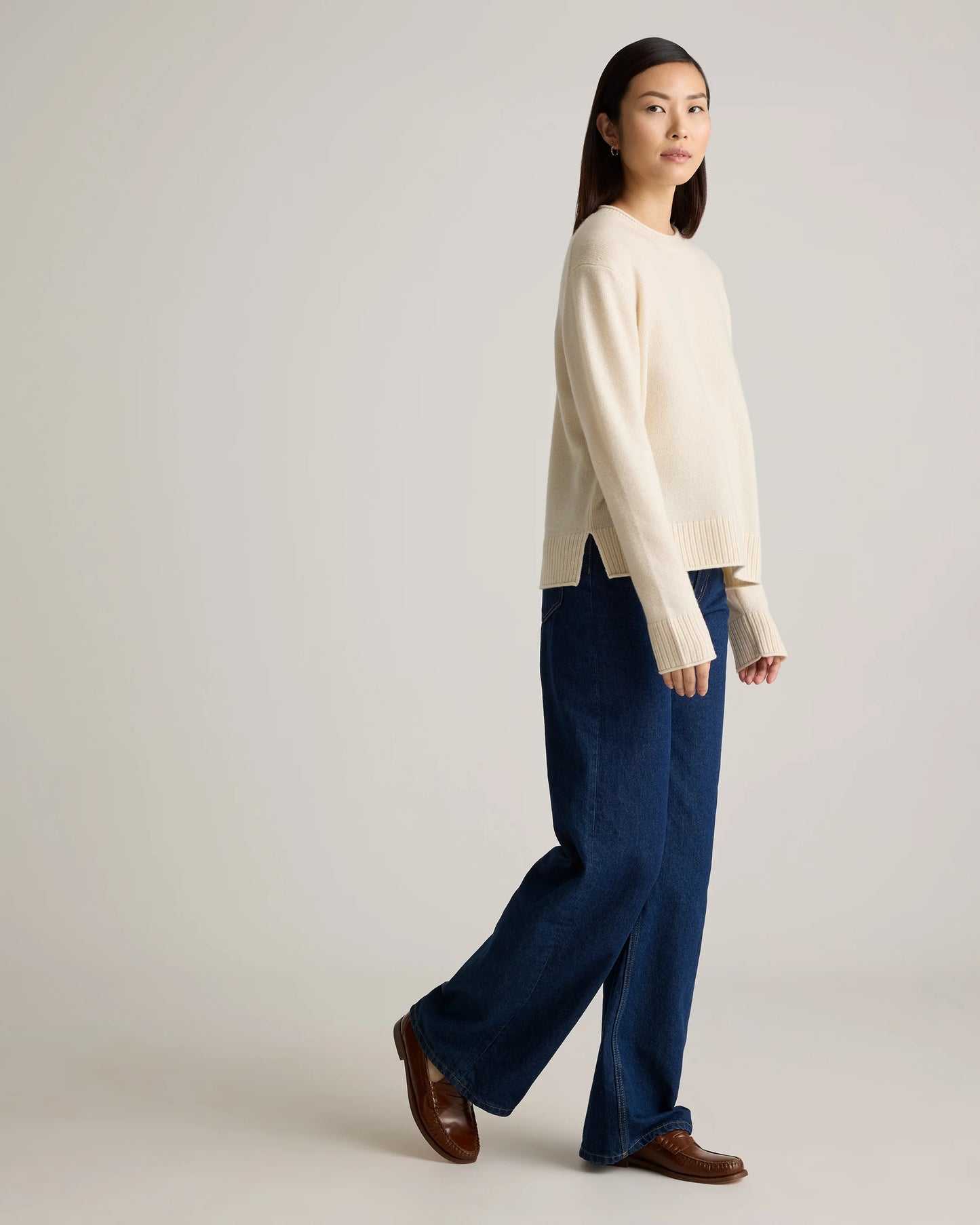 Mongolian Cashmere Boxy Crewneck Sweater - XS / Faded Denim/Brown/Ivory Variegated Stripe
