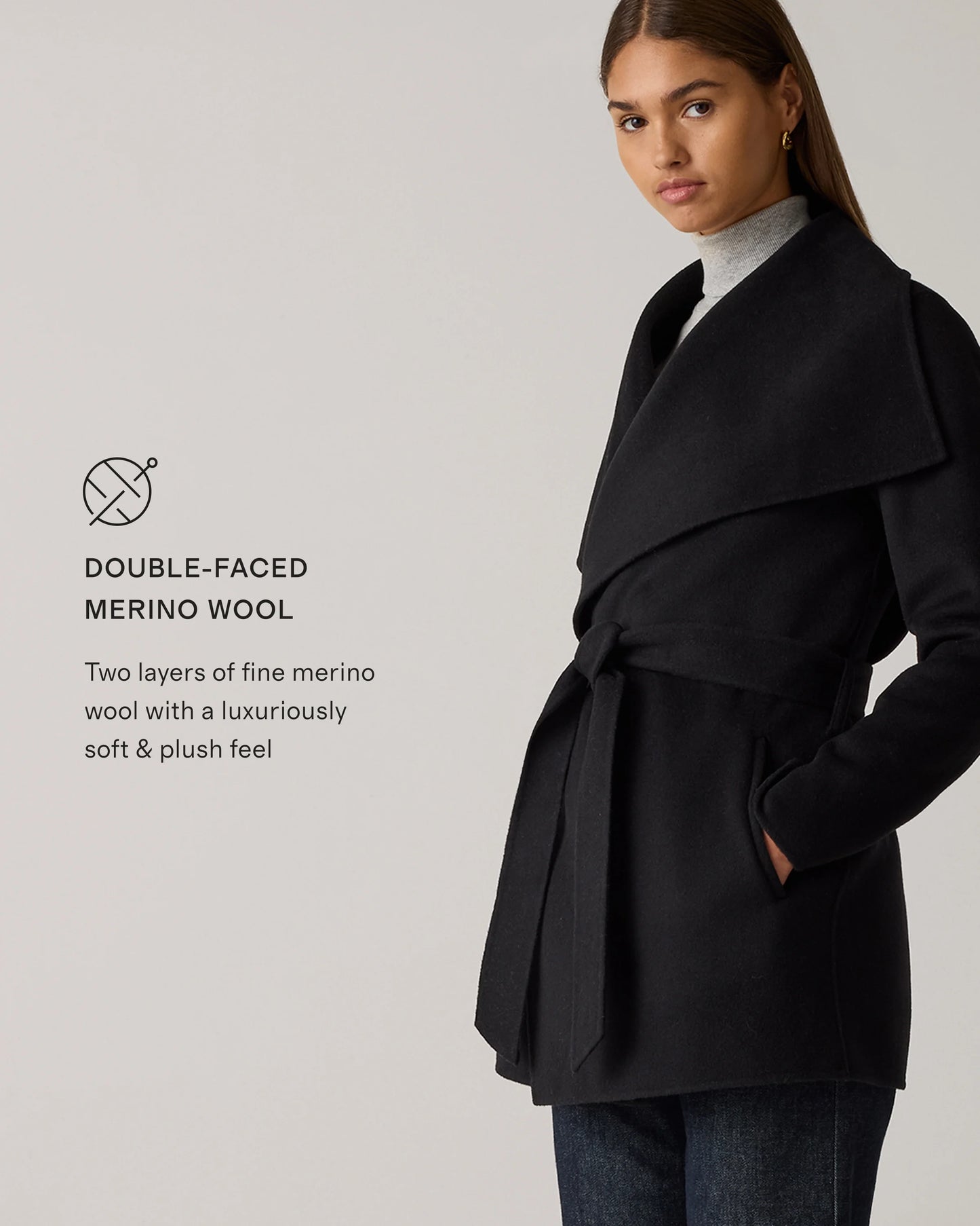 Double-Faced Merino Wool Draped Collar Short Wrap Coat - XS / Cocoa Melange