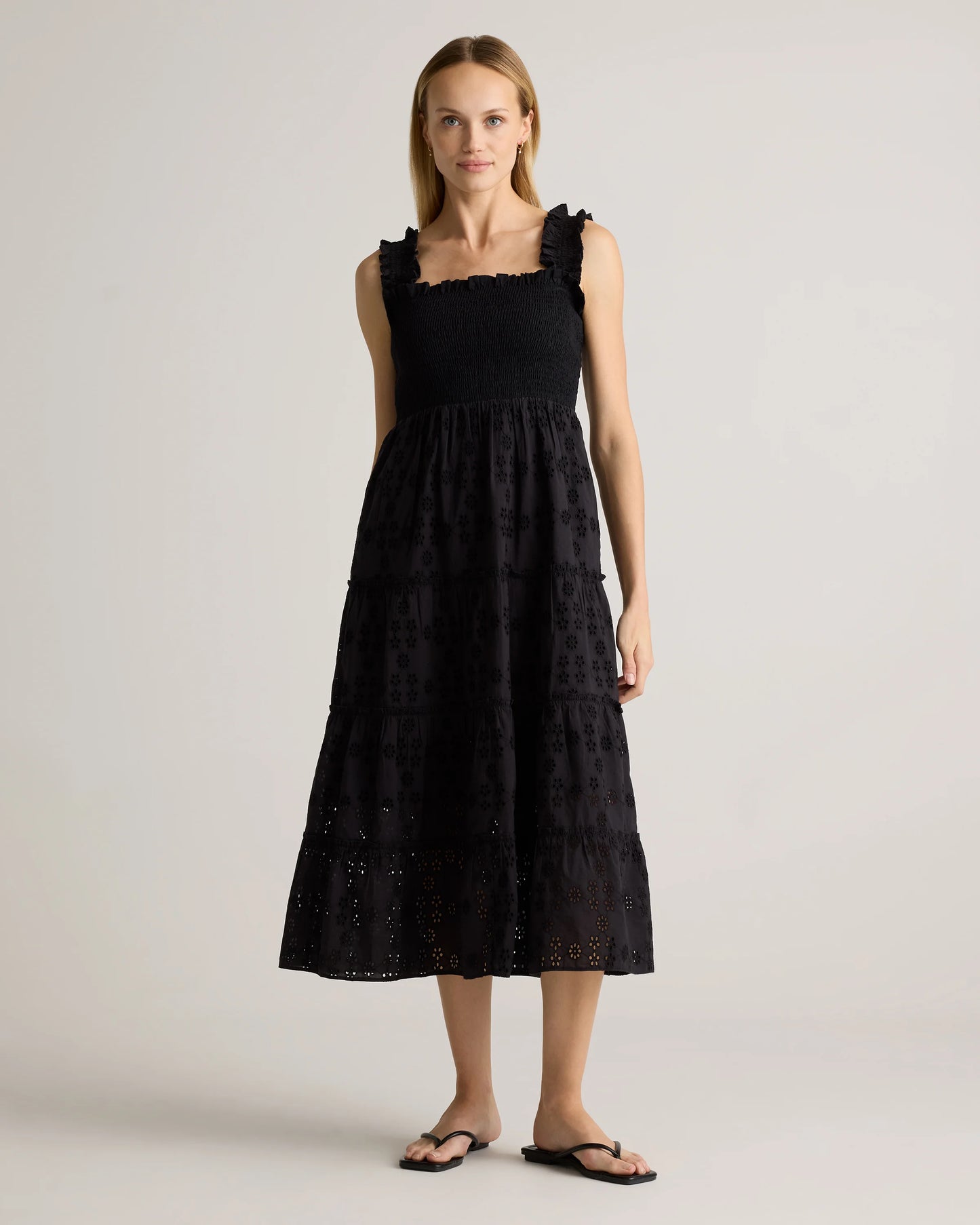 100% Organic Cotton Eyelet Smocked Midi Dress - XS / White