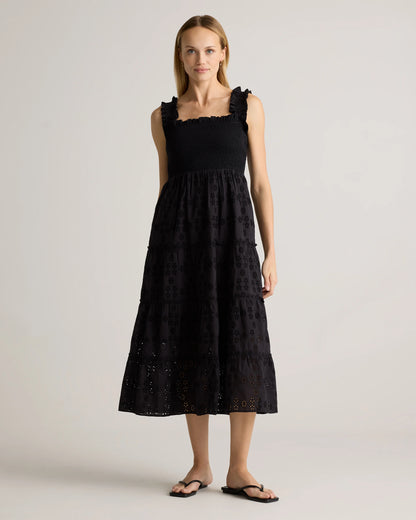 100% Organic Cotton Eyelet Smocked Midi Dress - XS / White