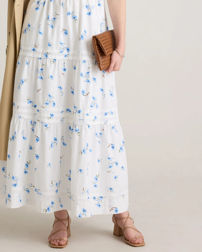 100% Organic Cotton Poplin Tiered Maxi Dress - XS / Riviera Blue Heirloom Floral