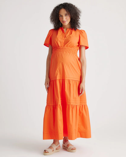 100% Organic Cotton Poplin Maternity Tiered Maxi Dress - XS / Riviera Blue Heirloom Floral
