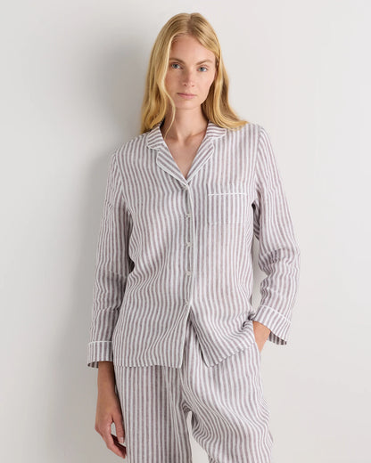 100% European Linen Long Sleeve Pajama Set with Piping - XS / Taupe Brown Gingham