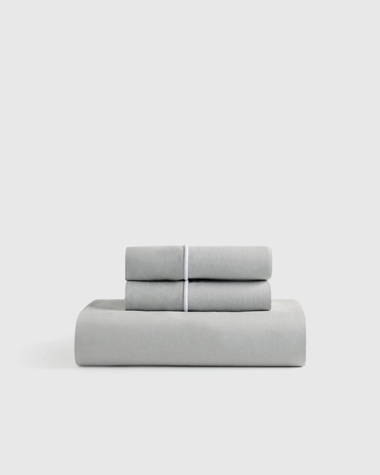 European Linen Piped Fitted Sheet Set - Twin / Mist/White