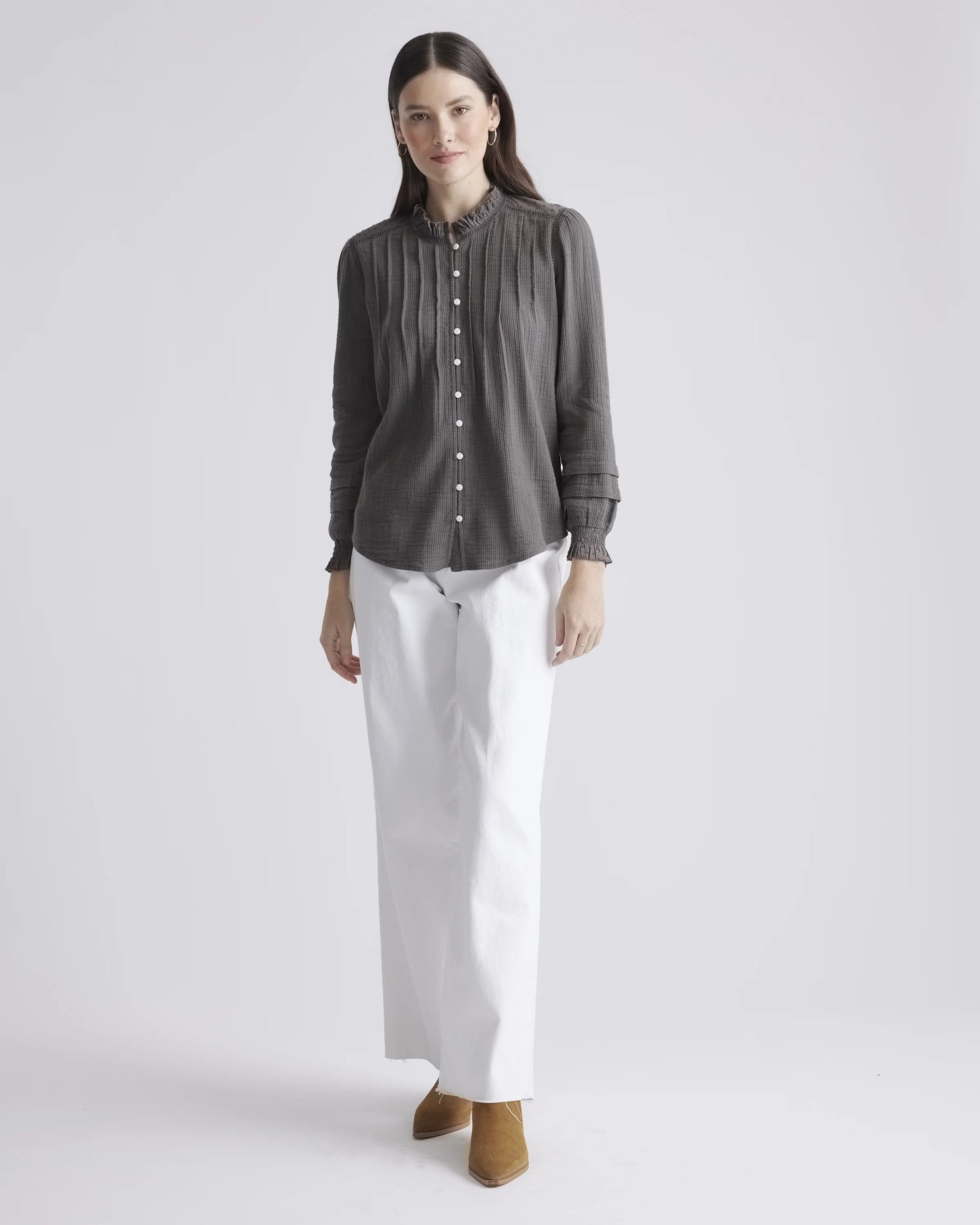 Organic Textured Cotton Peasant Blouse - XS / Pale Custard Yellow
