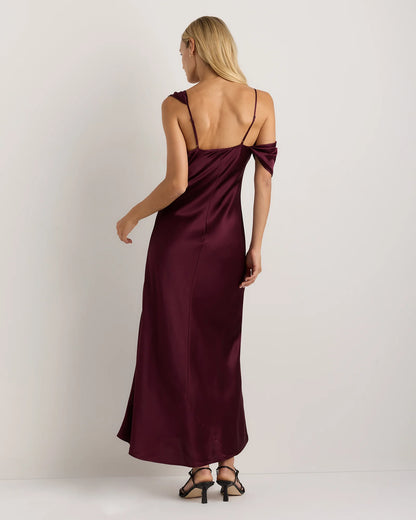 100% Washable Silk Draped Shoulder Maxi Dress - XS / Navy