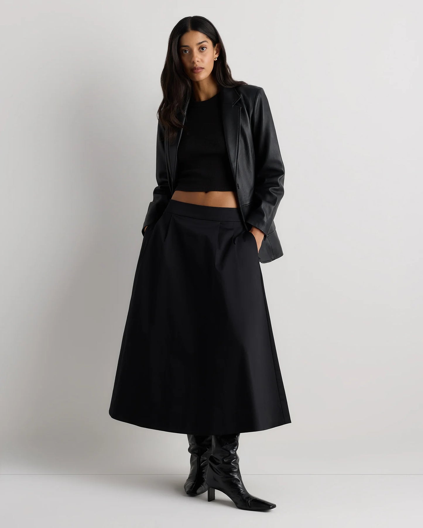 Organic Cotton Sateen A-line Midi Skirt - XS / True Black
