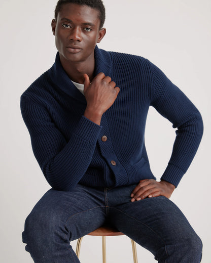 100% Organic Cotton Shawl-Collar Cardigan Sweater - S / Navy