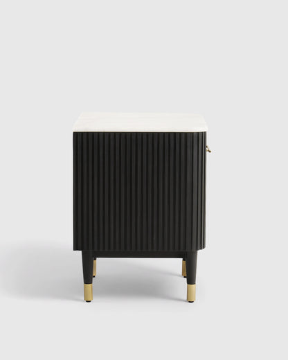 Fluted Wood and Genuine Marble Open Nightstand - One Size / Cream/Black