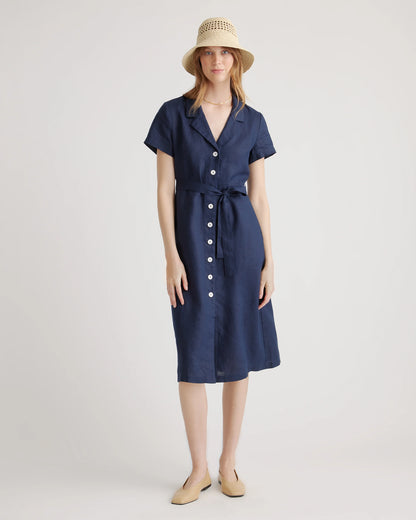 100% European Linen Button Front Dress - XS / Sky Blue Mariner Stripe