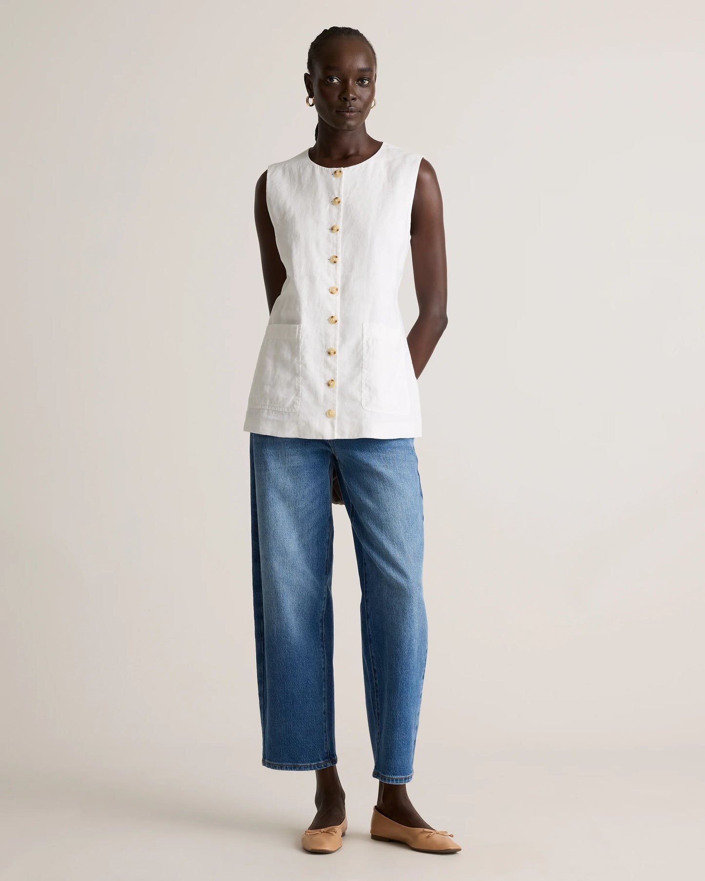 100% European Linen Longline Vest - XS / Taupe Brown Chambray