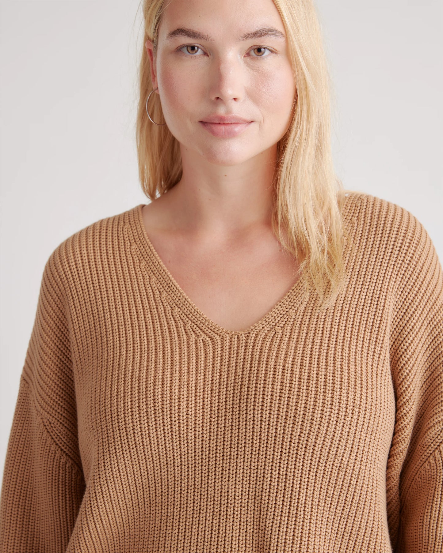 100% Organic Cotton Fisherman V-Neck Sweater - XS / Heather Brown