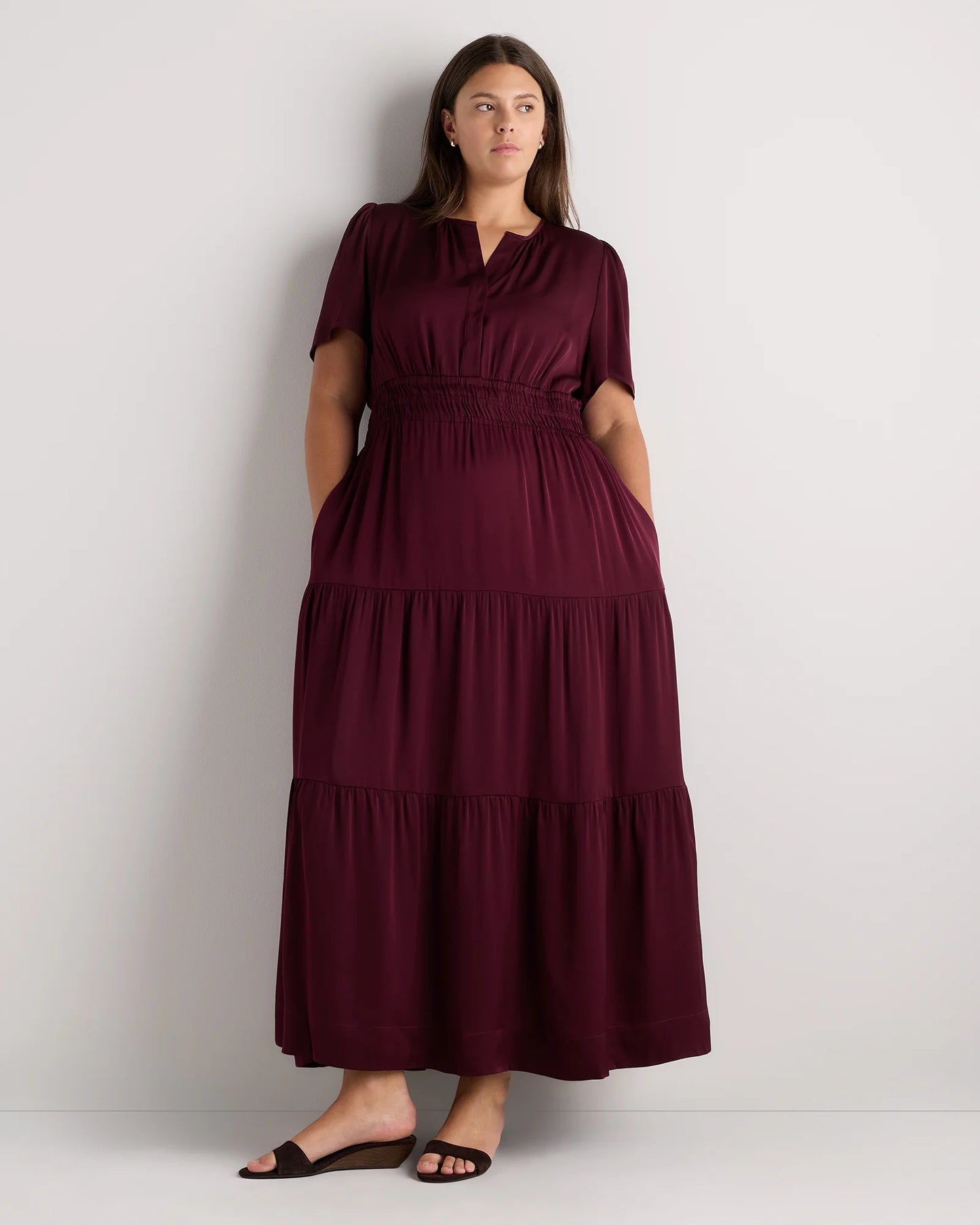Washable Stretch Silk Tiered Maxi Dress - 1X / Navy