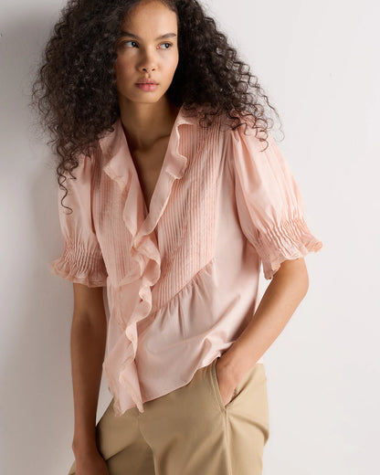 Organic Cotton Voile Short Sleeve Peasant Blouse - XS / Ballet Slipper