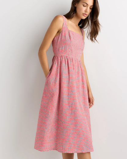100% European Linen Fit & Flare Midi Dress - XS / Brick Red Heirloom Floral