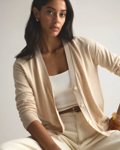 Lightweight Cotton Cashmere Cardigan - XS / Heather Oatmeal