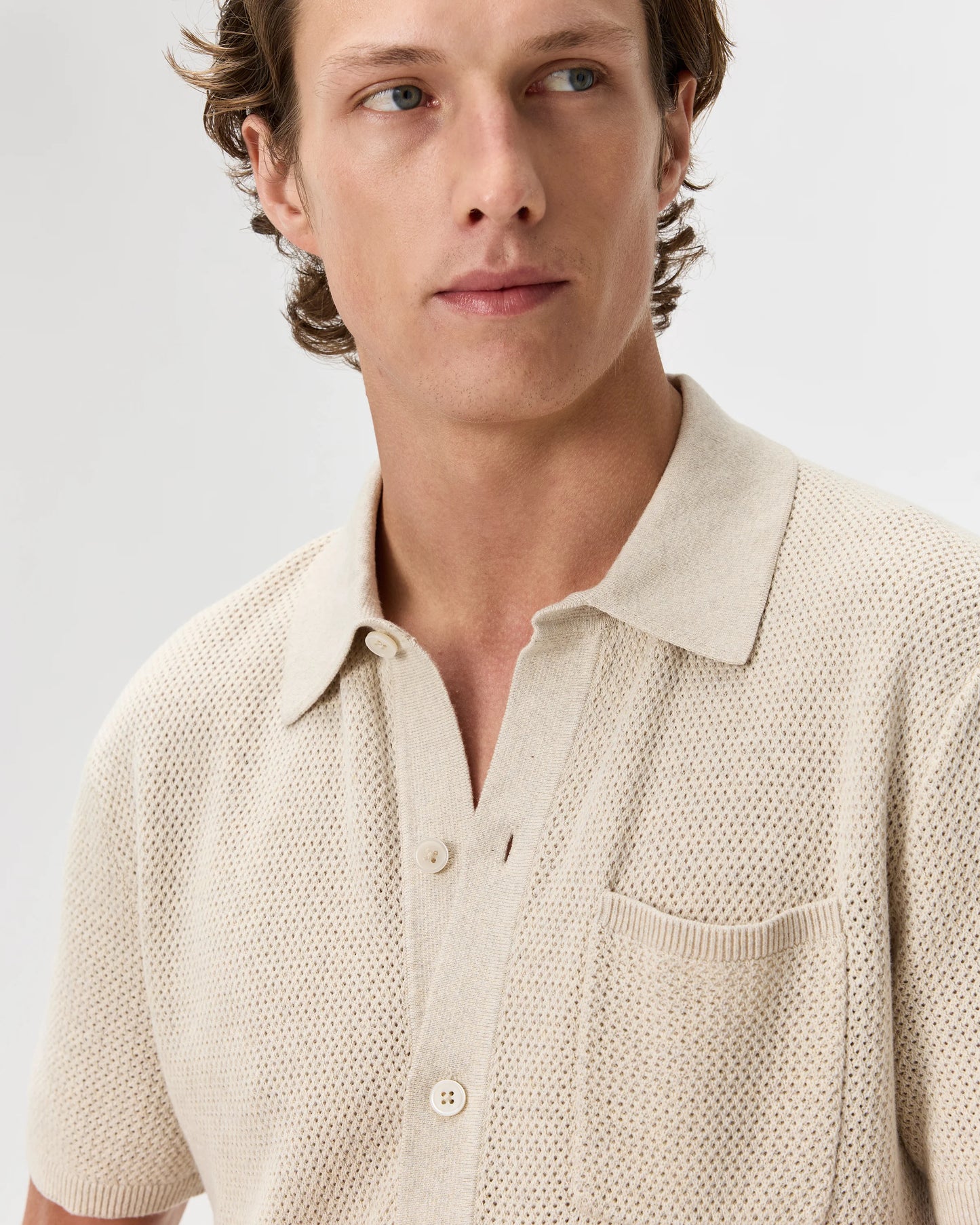 100% Organic Cotton Mesh-Stitch Button-Up Sweater Polo - XS / Speckled Beige
