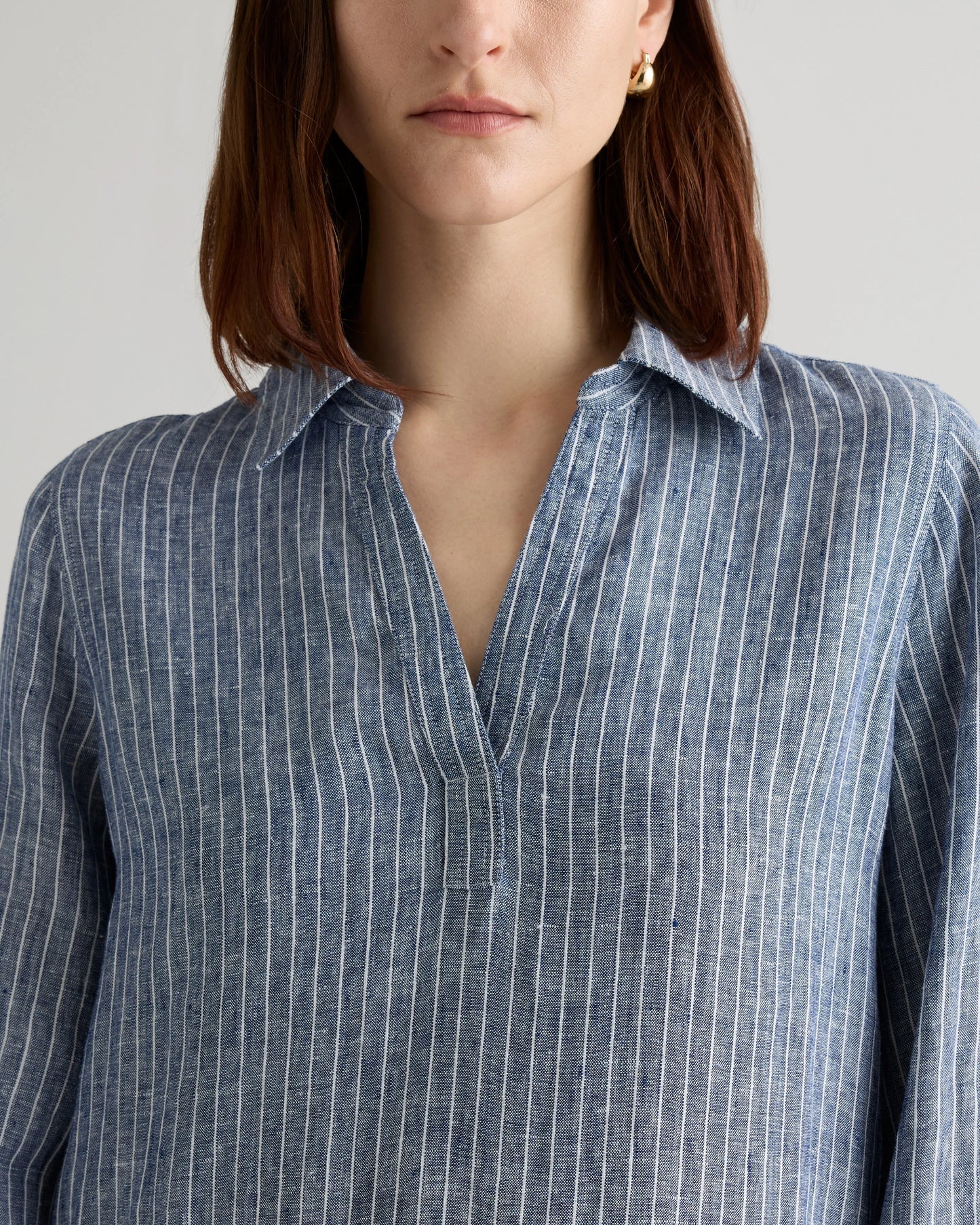 100% European Linen Popover Maxi Dress - XS / Blue Pinstripe