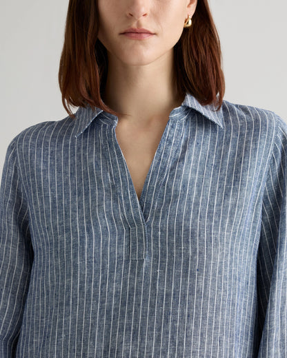 100% European Linen Popover Maxi Dress - XS / Blue Pinstripe
