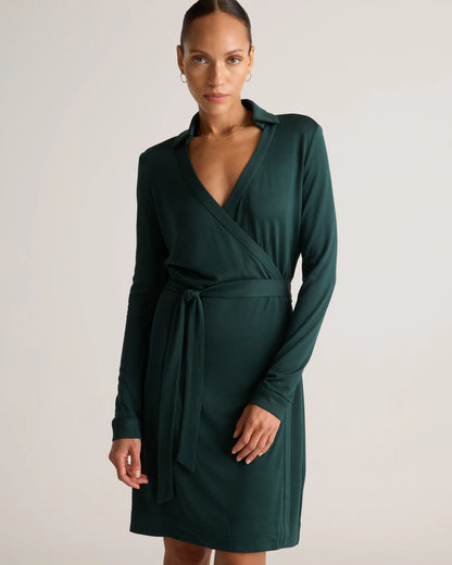 100% Silk Jersey Mini Wrap Dress - XS / Evergreen