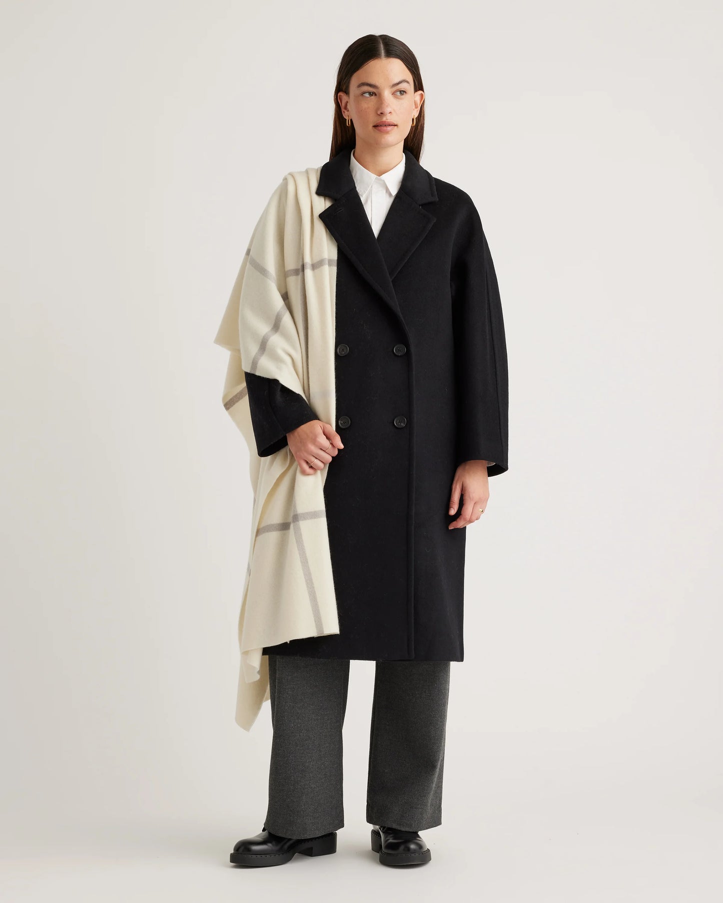 Mongolian Cashmere Plaid Wrap - One Size / Ivory/Grey Plaid